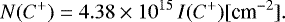 Mathematical equation: \begin{equation*}N(C^+) = 4.38 \times 10^{15} \, I(C^+) [\textrm{cm}^{-2}].\end{equation*}