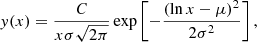 Mathematical equation: $$ \begin{aligned} y(x)=\frac{C}{x\sigma \sqrt{2\pi }}\exp \left[-\frac{(\ln x -\mu )^2}{2\sigma ^2}\right], \end{aligned} $$