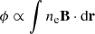 Mathematical equation: $ \phi \propto \int n_{\mathrm{e}} \mathbf{B} \cdot \hbox{d}\mathbf{r} $