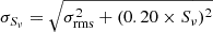 Mathematical equation: $ \sigma_{S_{\nu}} = \sqrt{\sigma_{\mathrm{rms}}^2 + (0.20 \times S_{\nu})^2} $