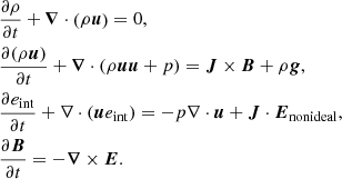 Mathematical equation: $$ \begin{aligned}&\frac{\partial \rho }{\partial t} + {\boldsymbol{\nabla }} \cdot \left(\rho {\boldsymbol{u}}\right) = 0, \nonumber \\&\frac{\partial (\rho {\boldsymbol{u}})}{\partial t} + {\boldsymbol{\nabla }}\cdot (\rho {\boldsymbol{u}} {\boldsymbol{u}} +p) = {\boldsymbol{J}}\times {\boldsymbol{B}} + \rho {\boldsymbol{g}}, \nonumber \\&\frac{\partial e_{\rm int}}{\partial t} + \nabla \cdot ({\boldsymbol{u}} e_{\rm int}) = -p \nabla \cdot {\boldsymbol{u}} + {\boldsymbol{J}} \cdot {\boldsymbol{E}}_{\rm nonideal}, \nonumber \\&\frac{\partial {\boldsymbol{B}}}{\partial t} = -{\boldsymbol{\nabla }}\times {\boldsymbol{E}}. \end{aligned} $$