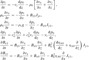 Mathematical equation: $$ \begin{aligned}&\frac{\partial \rho _1}{\partial t} = - v_z \frac{\mathrm{d}\rho _0}{\mathrm{d}z} - \rho _0 \left[\frac{\partial v_x}{\partial x}+\frac{\partial v_z}{\partial z}\right],\nonumber \\&\rho _0 \frac{\partial v_x}{\partial t} = - \frac{\partial p_1}{\partial x} + B_{z0} J_{y1},\nonumber \\&\rho _0 \frac{\partial v_z}{\partial t} = -\rho _1 g - \frac{\partial p_1}{\partial z} - B_{x0} J_{y1},\nonumber \\&\frac{\partial p_1}{\partial t} = c_0^2 \frac{\partial \rho _1}{\partial t} + c_0^2 v_z \frac{\mathrm{d} \rho _0}{\mathrm{d} z} - v_z \frac{\mathrm{d} p_0}{\mathrm{d} z},\nonumber \\&\frac{\partial B_{x1}}{\partial t} = B_{z0}\frac{\partial v_x }{\partial z} - B_{x0}\frac{\partial v_z}{\partial z} + B_0^2 \left(\frac{\mathrm{d} \eta _{\rm A0}}{\mathrm{d} z}+\eta _{\rm A0} \frac{\partial }{\partial z}\right) J_{y1},\nonumber \\&\frac{\partial B_{z1}}{\partial t} = - B_{z0} \frac{\partial v_x}{\partial x} + B_{x0} \frac{\partial v_z}{\partial x}-B_0^2 \eta _{\rm A0} \frac{\partial }{\partial x} J_{y1}, \end{aligned} $$