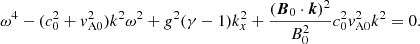 Mathematical equation: $$ \begin{aligned} \omega ^4 - (c_0^2 + v_{\rm A0}^2)k^2 \omega ^2 + g^2 (\gamma -1) k_x^2+\frac{({{\boldsymbol{B}}_0}\cdot {\boldsymbol{k}})^2}{B_0^2} c_0^2 v_{\rm A0}^2 k^2=0. \end{aligned} $$