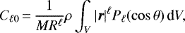 Mathematical equation: \begin{equation*} C_{\ell 0}\,{=}\,{1\over MR^{\ell}} \rho \int_V |\vec r|^{\ell} P_{\ell}(\cos\theta) \,\textrm{d}V, \end{equation*}