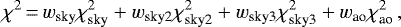Mathematical equation: \begin{equation*} \chi^2\,{=}\,w_{\textrm{sky}}\chi^2_{\textrm{sky}} + w_{\textrm{sky2}}\chi^2_{\textrm{sky2}} + w_{\textrm{sky3}}\chi^2_{\textrm{sky3}} + w_{\textrm{ao}}\chi^2_{\textrm{ao}}\,, \end{equation*}