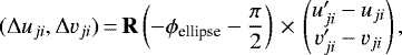 Mathematical equation: \begin{equation*} (\Delta u_{ji}, \Delta v_{ji})\,{=}\,\textbf{R}\left(-\phi_{\textrm{ellipse}}-{\pi\over 2}\right)\,{\times}\,\begin{pmatrix} u'_{ji}-u_{ji} \\ v'_{ji}-v_{ji} \end{pmatrix}, \end{equation*}