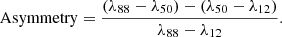 Mathematical equation: $$ \begin{aligned} \mathrm{Asymmetry}=\frac{(\lambda _{88}-\lambda _{50})-(\lambda _{50}-\lambda _{12})}{\lambda _{88}-\lambda _{12}}. \end{aligned} $$