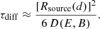 Mathematical equation: $$ \begin{aligned} \tau _\mathrm{diff} \approx \frac{[R_\mathrm{source} (d)]^2}{6\,D(E, B)}. \end{aligned} $$