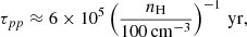 Mathematical equation: $$ \begin{aligned} \tau _{pp}\approx 6\times 10^{5}\left( \frac{n_{\rm H}}{100\,\mathrm{cm} ^{-3}}\right)^{-1}\,\mathrm{yr} , \end{aligned} $$