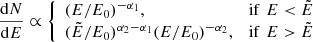 Mathematical equation: $$ \begin{aligned} \frac{\mathrm{d}N}{\mathrm{d}E} \propto \left\{ \begin{array}{ll} (E / E_0) ^ {-\alpha _1},&\mathrm{if}\,\,E < \tilde{E} \\ (\tilde{E}/E_0) ^ {\alpha _2-\alpha _1} (E / E_0) ^ {-\alpha _2},&\mathrm{if}\,\, E > \tilde{E} \\ \end{array}\right. \end{aligned} $$