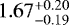 Mathematical equation: $1.67^{+0.20}_{-0.19}$