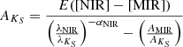 Mathematical equation: $$ \begin{aligned} A_{K_S}= \frac{E([\mathrm{NIR} ]-[\mathrm{MIR} ])}{\left( \frac{\lambda _{\mathrm{NIR} }}{\lambda _{K_S}} \right)^{-\alpha _{\mathrm{NIR} }} - \left( \frac{A_{\mathrm{MIR} }}{A_{K_S}} \right)} \end{aligned} $$