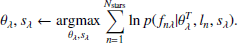Mathematical equation: $$ \begin{aligned} \theta _{\lambda }, s_{\lambda } \leftarrow \underset{\theta _{\lambda }, s_{\lambda }}{\mathrm{argmax}} \sum _{n = 1}^{{N}_{\mathrm{stars}}} \ln p(f_{n\lambda } | \theta _{\lambda }^{T}, l_{n},s_{\lambda }). \end{aligned} $$