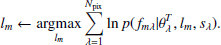 Mathematical equation: $$ \begin{aligned} l_{m} \leftarrow \underset{l_{m}} {\mathrm{argmax}}\sum _{\lambda = 1}^{{N}_{\mathrm{pix}}} \ln p(f_{m\lambda } | \theta _{\lambda }^{T}, l_{m},s_{\lambda }). \end{aligned} $$