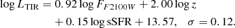Mathematical equation: $$ \begin{aligned}&\log L_{\rm TIR} = 0.92 \log F_{F2100W}+2.00 \log z \nonumber \\&\qquad \qquad \qquad +0.15 \log \mathrm{sSFR}+ 13.57, \quad \sigma =0.12. \end{aligned} $$