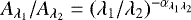 Mathematical equation: $A_{\lambda_1}/A_{\lambda_2} = (\lambda_1/\lambda_2)^{-\alpha_{\lambda_1\lambda_2}}$