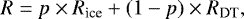 Mathematical equation: \begin{equation*}R = p \times R_{\textrm{ice}} + (1-p) \times R_{\textrm{DT}},\end{equation*}