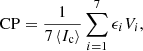 Mathematical equation: $$ \begin{aligned}&\mathrm{CP}=\frac{1}{7 \left\langle I_{\rm c} \right\rangle } \sum _{i=1}^{7} \epsilon _ {i} {V_{i}},\end{aligned} $$