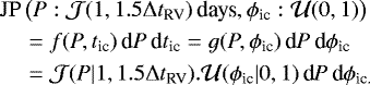 Mathematical equation: \begin{align*} & \mathrm{JP}\left(P: \mathcal{J}(1, 1.5 \Delta{t}_{\textrm{RV}})\,\textrm{days}, \phi_{\textrm{ic}}: \mathcal{U}(0, 1)\right) \\ & \quad = f(P, t_{\textrm{ic}})\,\textrm{d}P\,\textrm{d}t_{\textrm{ic}} = g(P, \phi_{\textrm{ic}})\,\textrm{d}P\,\textrm{d}\phi_{\textrm{ic}} \\ & \quad = \mathcal{J}(P | 1, 1.5 \Delta{t}_{\textrm{RV}}). \mathcal{U}(\phi_{\textrm{ic}} | 0, 1) \,\textrm{d}P\,\textrm{d}\phi_{\textrm{ic}.} \end{align*}