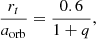 Mathematical equation: $$ \begin{aligned} \frac{r_{t}}{a_{\rm orb}}= \frac{0.6}{1 + q}, \end{aligned} $$