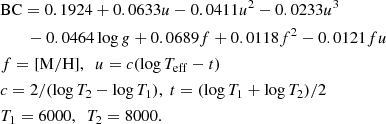 Mathematical equation: $$ \begin{aligned}&\mathrm{BC} = 0.1924 + 0.0633u - 0.0411u^2 - 0.0233u^3 \nonumber \\&\qquad - 0.0464\log {g} + 0.0689f + 0.0118f^2 - 0.0121fu \nonumber \\&f = [\mathrm{M/H}] , \ \ u = c(\log T_{\rm eff} - t) \nonumber \\&c = 2/(\log T_2 - \log T_1) , \ t = (\log T_1 + \log T_2)/2 \nonumber \\&T_1 = 6000 , \ \ T_2 = 8000. \end{aligned} $$