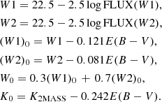 Mathematical equation: $$ \begin{aligned}&{W}1 = 22.5 - 2.5\log \mathrm{FLUX}(W1), \nonumber \\&{W}2 = 22.5 - 2.5\log \mathrm{FLUX}(W2), \nonumber \\&({W}1)_0 = W1 - 0.121E(B-V) , \nonumber \\&({W}2)_0 = W2 - 0.081E(B-V), \nonumber \\&{W}_0 = 0.3({W}1)_0\,+\,0.7({W}2)_0, \nonumber \\&{K}_0 = {K}_{\rm 2MASS} - 0.242E(B-V). \end{aligned} $$