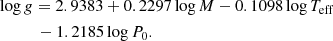 Mathematical equation: $$ \begin{aligned}&\log {g} = 2.9383 + 0.2297\log M - 0.1098\log T_{\rm eff} \nonumber \\&\qquad \quad - 1.2185\log P_0. \end{aligned} $$