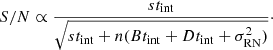 Mathematical equation: $$ \begin{aligned} S/N \propto \frac{st_{\rm int}}{\sqrt{st_{\rm int}+n(Bt_{\rm int} + Dt_{\rm int} + \sigma _{\rm RN}^2)}}\cdot \end{aligned} $$