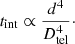 Mathematical equation: $$ \begin{aligned}&t_{\rm int} \propto \frac{d^4}{D_{\rm tel}^4}\cdot \end{aligned} $$