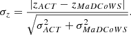 Mathematical equation: $$ \begin{aligned} \sigma _{z} = \frac{|z_{ACT }-z_{MaDCoWS }|}{\sqrt{ \sigma _{ACT }^2 + \sigma _{MaDCoWS }^2}}. \end{aligned} $$