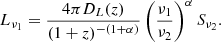 Mathematical equation: $$ \begin{aligned} L_{\nu _1} = \frac{4\pi D_L(z)}{(1+z)^{-(1+\alpha )}}\left( \frac{\nu _1}{\nu _2}\right)^{\alpha } S_{\nu _2}. \end{aligned} $$