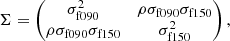 Mathematical equation: $$ \begin{aligned} \Sigma = \begin{pmatrix} \sigma ^2_{\mathrm{f090} }&\rho \sigma _{\mathrm{f090} }\sigma _{\mathrm{f150} } \\ \rho \sigma _{\mathrm{f090} }\sigma _{\mathrm{f150} }&\sigma ^2_{\mathrm{f150} }\end{pmatrix}, \end{aligned} $$