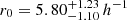Mathematical equation: $ r_0=5.80^{+1.23}_{-1.10}\,h^{-1} $