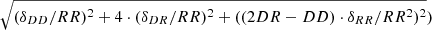 Mathematical equation: $ \sqrt{(\delta_{DD}/RR)^2+4\cdot(\delta_{DR}/RR)^2+((2DR-DD)\cdot\delta_{RR}/RR^2)^2}) $