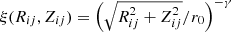 Mathematical equation: $ \xi(R_{ij},Z_{ij})= \left(\sqrt{R_{ij}^{2}+Z_{ij}^{2}}/r_0\right)^{-\gamma} $
