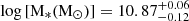 Mathematical equation: $ \rm log\,[M_*(M_\odot)]=10.87^{+0.06}_{-0.12} $