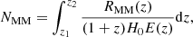 Mathematical equation: $$ \begin{aligned} N_{\text{MM}} = \int _{z_1}^{z_2}{\frac{R_{\text{MM}}(z)}{(1+z)H_0E(z)}\mathrm{d}z}, \end{aligned} $$