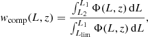 Mathematical equation: $$ \begin{aligned} { w}_\mathrm{comp} (L,z) = \frac{\int\nolimits _{L_2}^{L_1} \Phi (L,z) \,\mathrm{d}L}{\int\nolimits_{L_\mathrm{lim} }^{L_1} \Phi (L,z) \,\mathrm{d}L}, \end{aligned} $$