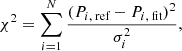 Mathematical equation: $$ \begin{aligned} \chi ^2 = \sum \limits ^N_{i=1} \frac{(P_{i,\text{ ref}}-P_{i,\text{ fit}})^2}{\sigma ^2_i}, \end{aligned} $$