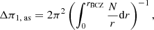 Mathematical equation: $$ \begin{aligned} \Delta \pi _{1,\text{ as}} = 2\pi ^2\left(\int ^{r_{\text{BCZ}}}_{0}\frac{N}{r}\mathrm{d}r \right)^{-1}, \end{aligned} $$