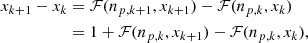 Mathematical equation: $$ \begin{aligned} x_{k+1}-x_k&= \mathcal{F} (n_{p,k+1},x_{k+1})-\mathcal{F} (n_{p,k},x_k)\nonumber \\&=1+\mathcal{F} (n_{p,k},x_{k+1})-\mathcal{F} (n_{p,k},x_k), \end{aligned} $$