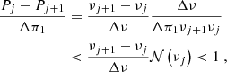 Mathematical equation: $$ \begin{aligned} \frac{P_{j}-P_{j+1}}{\Delta \pi _1}&= \frac{\nu _{j+1}-\nu _{j}}{\Delta \nu }\frac{\Delta \nu }{\Delta \pi _1\nu _{j+1}\nu _{j}} \\ \nonumber&< \frac{\nu _{j+1}-\nu _{j}}{\Delta \nu }\mathcal{N} \left(\nu _j\right) < 1 \; , \end{aligned} $$