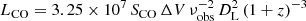 Mathematical equation: $$ \begin{aligned} L_{\rm CO} = 3.25 \times 10^7\,S_{\rm CO}\,\Delta V\,\nu _{\rm obs}^{-2}\,D_{\rm L}^{2}\,(1+z)^{-3} \end{aligned} $$