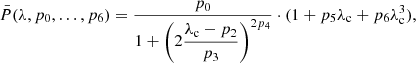 Mathematical equation: $$ \begin{aligned} \bar{P}(\lambda ,p_0,\ldots ,p_6) = \frac{p_0}{\displaystyle 1 + \left( 2 \frac{\lambda _\text{c}-p_2}{p_3} \right)^{2p_4} } \cdot ( 1 + p_5\lambda _\text{c} + p_6\lambda _\text{c}^3 ) , \end{aligned} $$