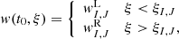 Mathematical equation: $$ \begin{aligned} { w}(t_0, \xi ) = {\left\{ \begin{array}{ll} { w}^\mathrm{L}_{I,J}&\xi < \xi _{I,J} \\ { w}^\mathrm{R}_{I,J}&\xi > \xi _{I,J}, \end{array}\right.} \end{aligned} $$