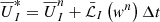 Mathematical equation: $$ \begin{aligned}&\overline{{U}}^*_I = \overline{{U}}^n_I + \bar{\mathcal{L} }_I\left({ w}^n\right) \Delta t \end{aligned} $$