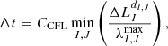 Mathematical equation: $$ \begin{aligned} \Delta t = C_{\rm CFL} \min _{I,J} \left(\frac{\Delta L^{d_{I,J}}_I}{\lambda ^\mathrm{max}_{I,J}}\right), \end{aligned} $$