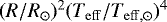 Mathematical equation: $(R/R_{\odot})^2(T_{\mathrm{eff}}/T_{\mathrm{eff},\odot})^4$