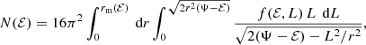 Mathematical equation: $$ \begin{aligned} N(\mathcal{{E}}) = 16\pi ^2 \int _0^{r_{\text{m}}(\mathcal{{E}})} {\text{ d}}r \int _0^{\sqrt{2r^2(\Psi -\mathcal{{E}})}} \frac{f(\mathcal{{E}},L)\,L\,{\text{ d}}L}{\sqrt{2(\Psi -\mathcal{{E}})-L^2/r^2}}, \end{aligned} $$