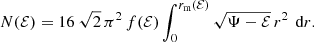 Mathematical equation: $$ \begin{aligned} N(\mathcal{{E}}) = 16\ \sqrt{2}\,\pi ^2\,f(\mathcal{{E}}) \int _0^{r_{\text{m}}(\mathcal{{E}})} \sqrt{\Psi -\mathcal{{E}}}\,r^2\,{\text{ d}}r. \end{aligned} $$